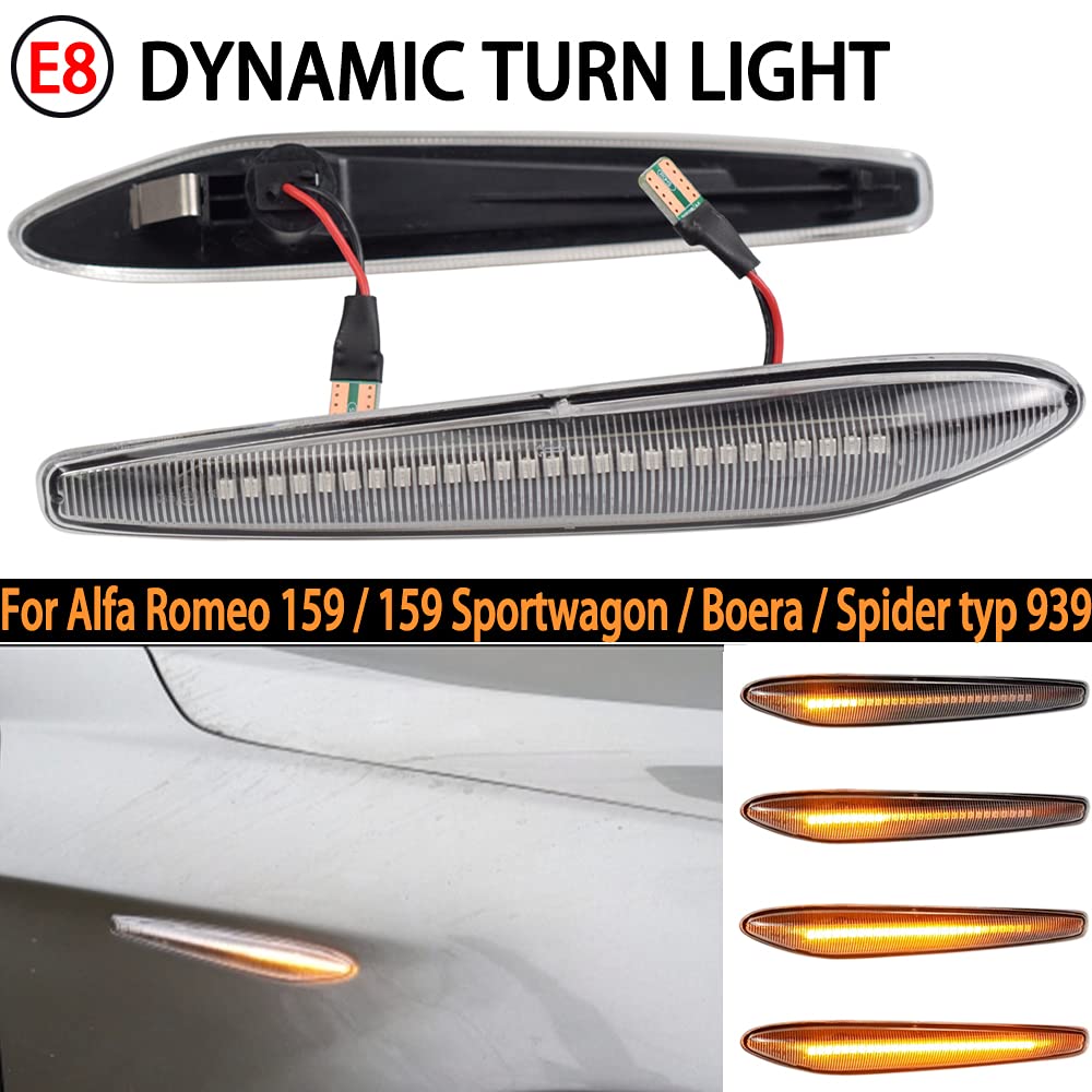 2 pz Dinamico Segnale di Girata Luce LED Lato Ala Retrovisore compatible avec A-lfa Romeo 159/159 Sportwagon/Boera/Spider typ 939 (Trasparente)