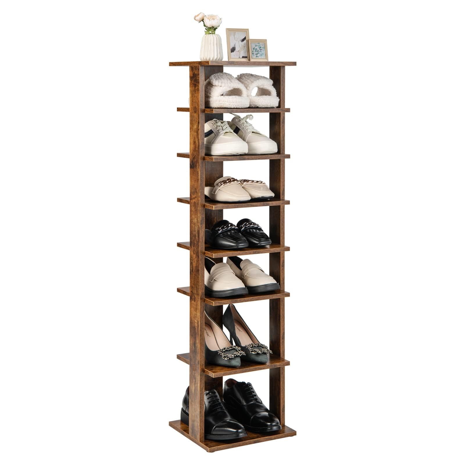 FANTASK 8 stufiges Schuhschrank, Schuhständer Schuh-Organizer aus Holz höhenverstellbar, Standregal, Schuhregal schmal vertikal, Freistehender Eckregal für Eingang & Flur (Braun)