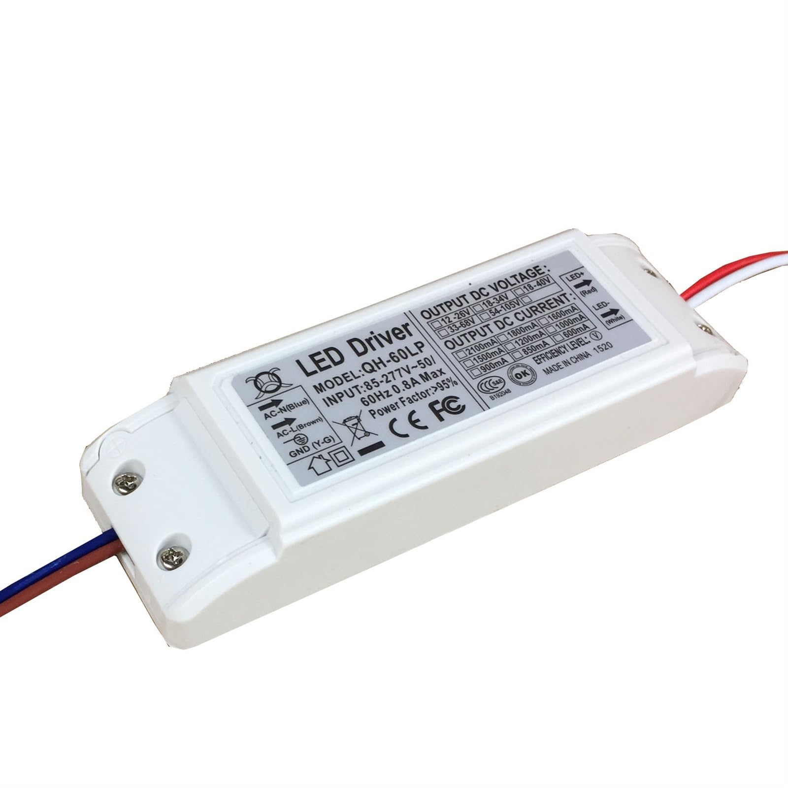 Sterownik LED bez migotania 85-277V wysoki PFC 95% z kablem 1015 280 mm 40 W-55 W zatwierdzony przez FCC 85V-277V(24-34V 1500mA)