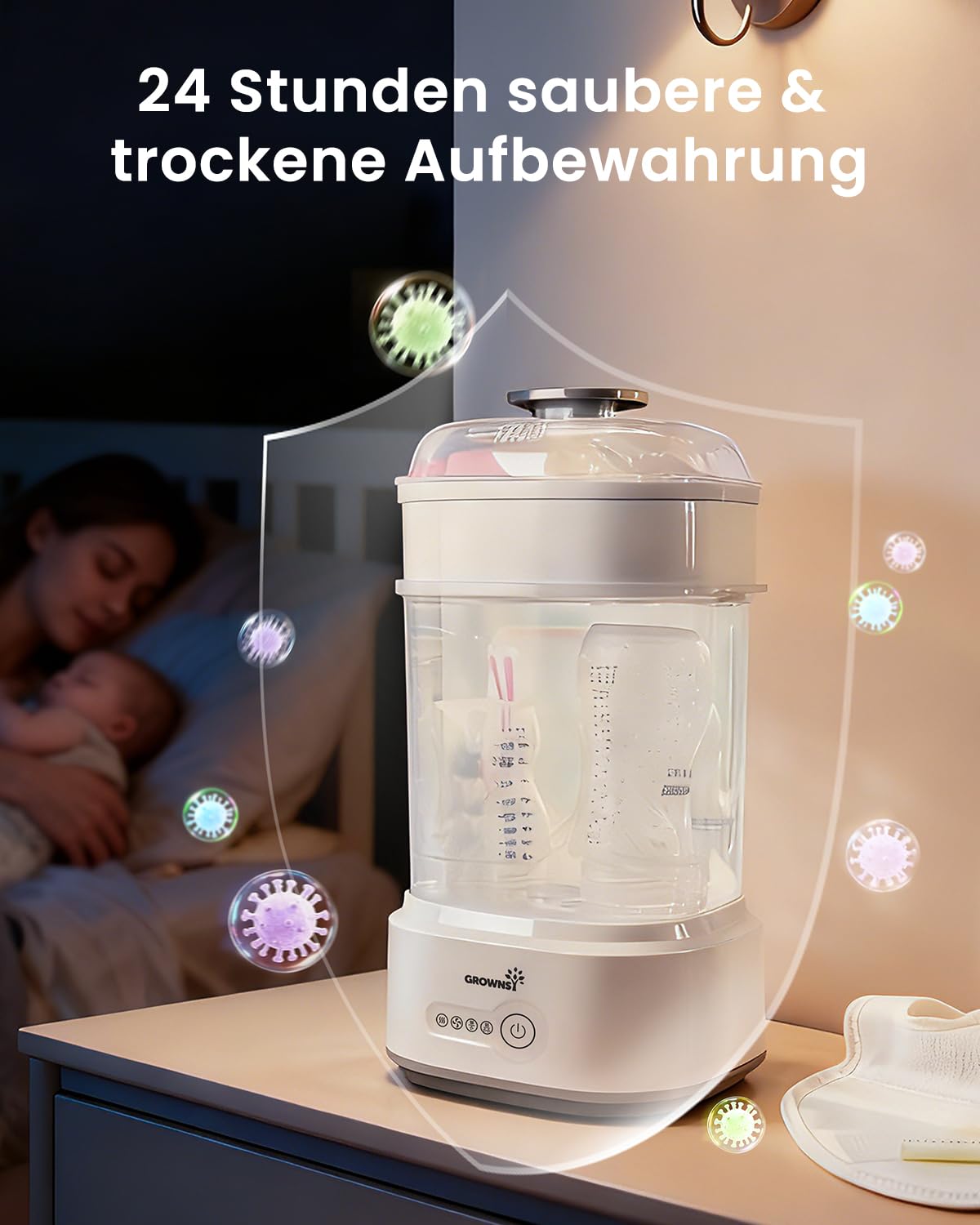 Grownsy Sterilisator für Babyflaschen mit Trocknerfunktion, 5-in-1 Dampfsterilisator Baby, Elektrischer Flaschensterilisator & Trockner, Schnell & Hygienisch, für Babyflaschen, Milchpumpen-Zubehör