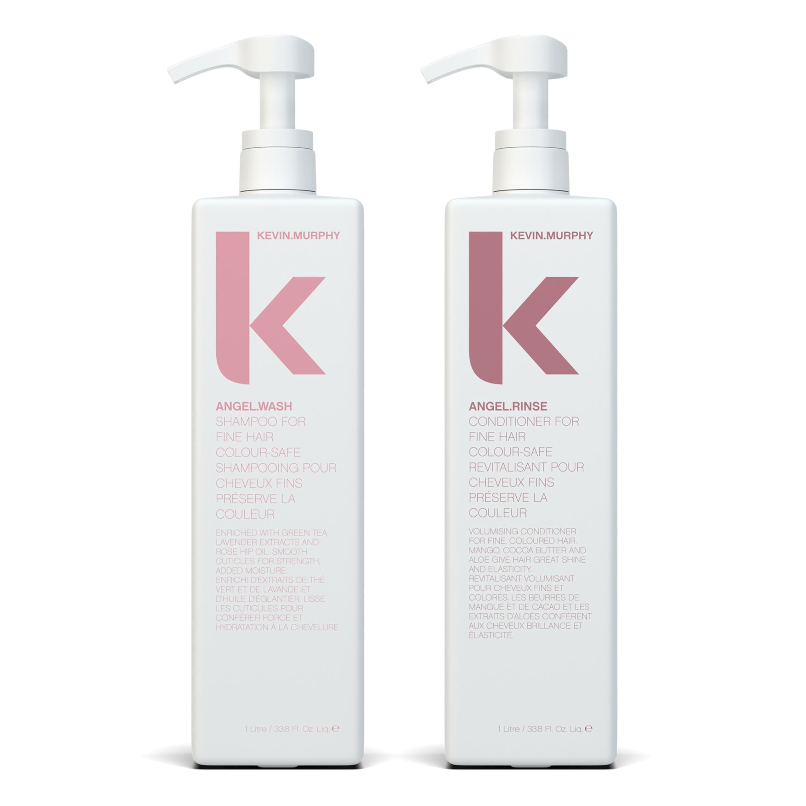 KEVIN.MURPHY ANGEL.WASH & RINSE - Restorative Shampoo & Hair Repair Conditioner - For Fine Coloured Hair - Colour Safe Conditioner - Sulphate & Paraben Free - 1 L / 33.6 fl oz - 2 Pack