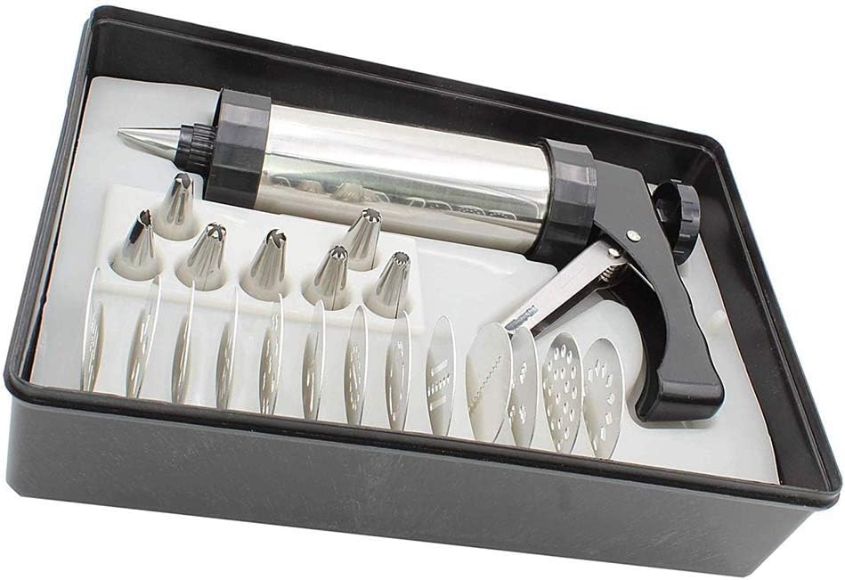 Cookie Press Stainless Steel Gun Kit 13 Cookie Pattern Discs Cake Cupcake Decorating 8 Icing Interchangeable Tips