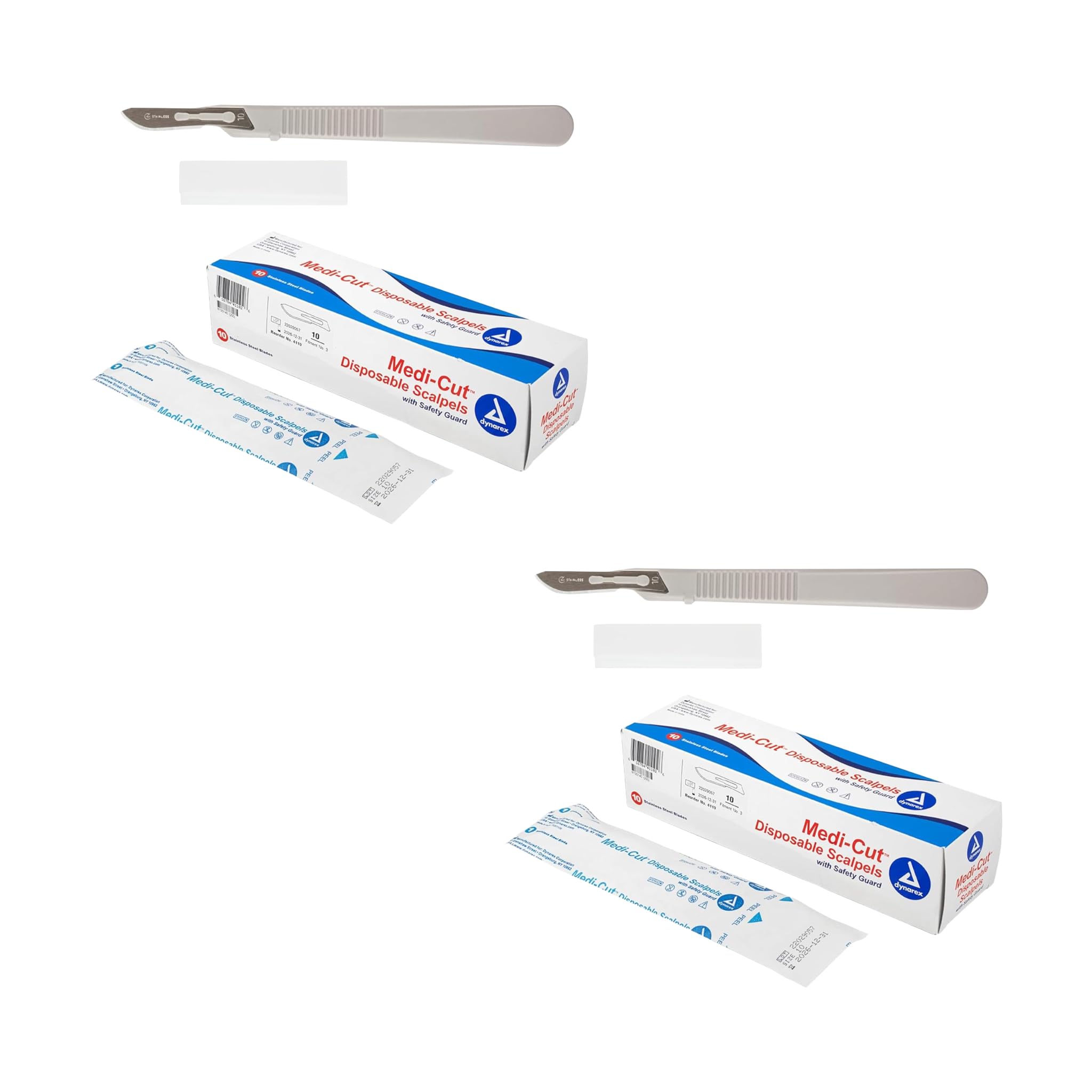 Dynarex Medi-Cut Disposable Scalpel Blades - Sterile Knives With Plastic Guard - 4.9-inch Plastic Handle, Stainless Steel Blade - Size 10 (Pack of 2)
