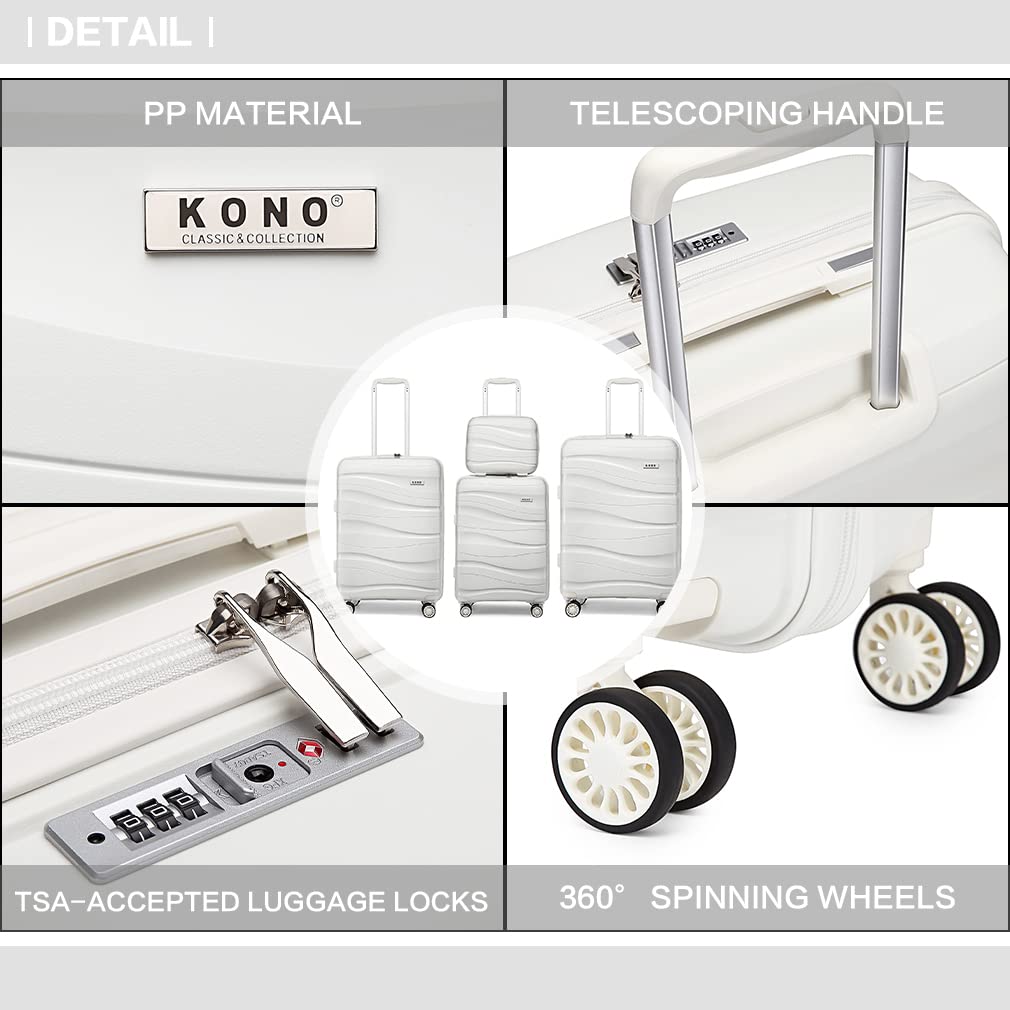 KONO Set di 4 Valigie Rigida 36/55/66/76cm Polipropilene Valigia Trolley con TSA Lucchetto e 4 Ruote (Bianco)