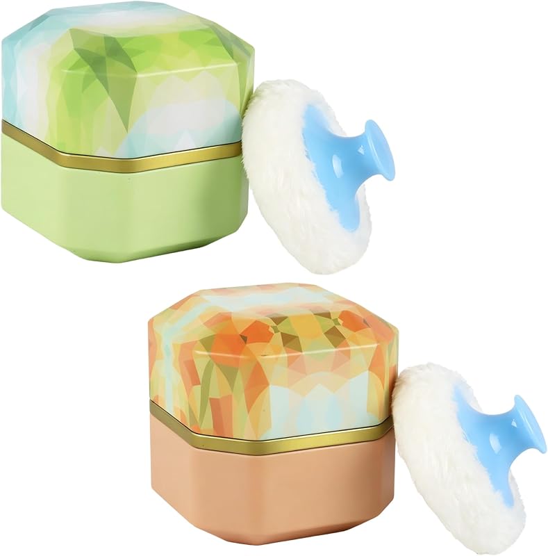 Paquete de 4 esponjas y recipientes para polvo corporal, recipientes portátiles para polvo con mango suave, recipientes para polvo para bebé para uso en el hogar, viajes, verde+naranja