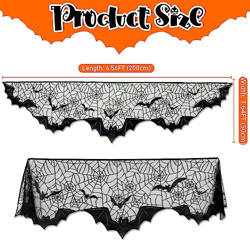 Image of AerWo Halloween Decorations Indoor Fireplace Mantel Scarf, Black Lace Spiderweb Fireplace Cover for Halloween Mantle Decor Festive Party Supplies,20x79 inches