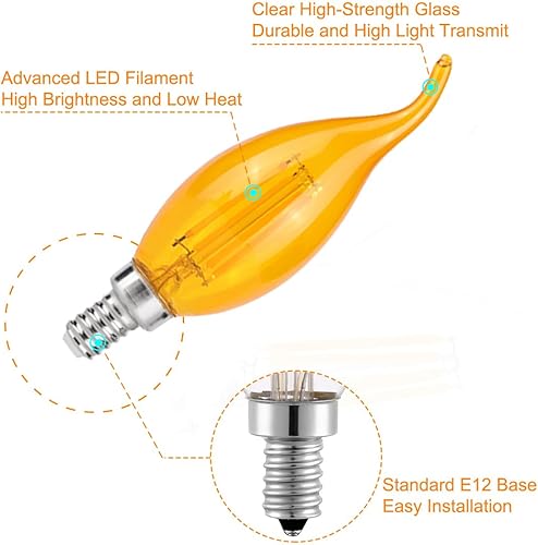 Miniatura 2 de KINUR Bombillas LED E12 Edison, bombilla de candelabro de 2000 K, 4 vatios-40 vatios, no regulables, lámpara de llama CA11, bombillas cálidas para