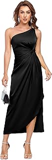 Women's One Shoulder Satin Silk Backless Split Wrap Hem Twist Ruched Summer Party Cocktail Midi Dress - Buy now