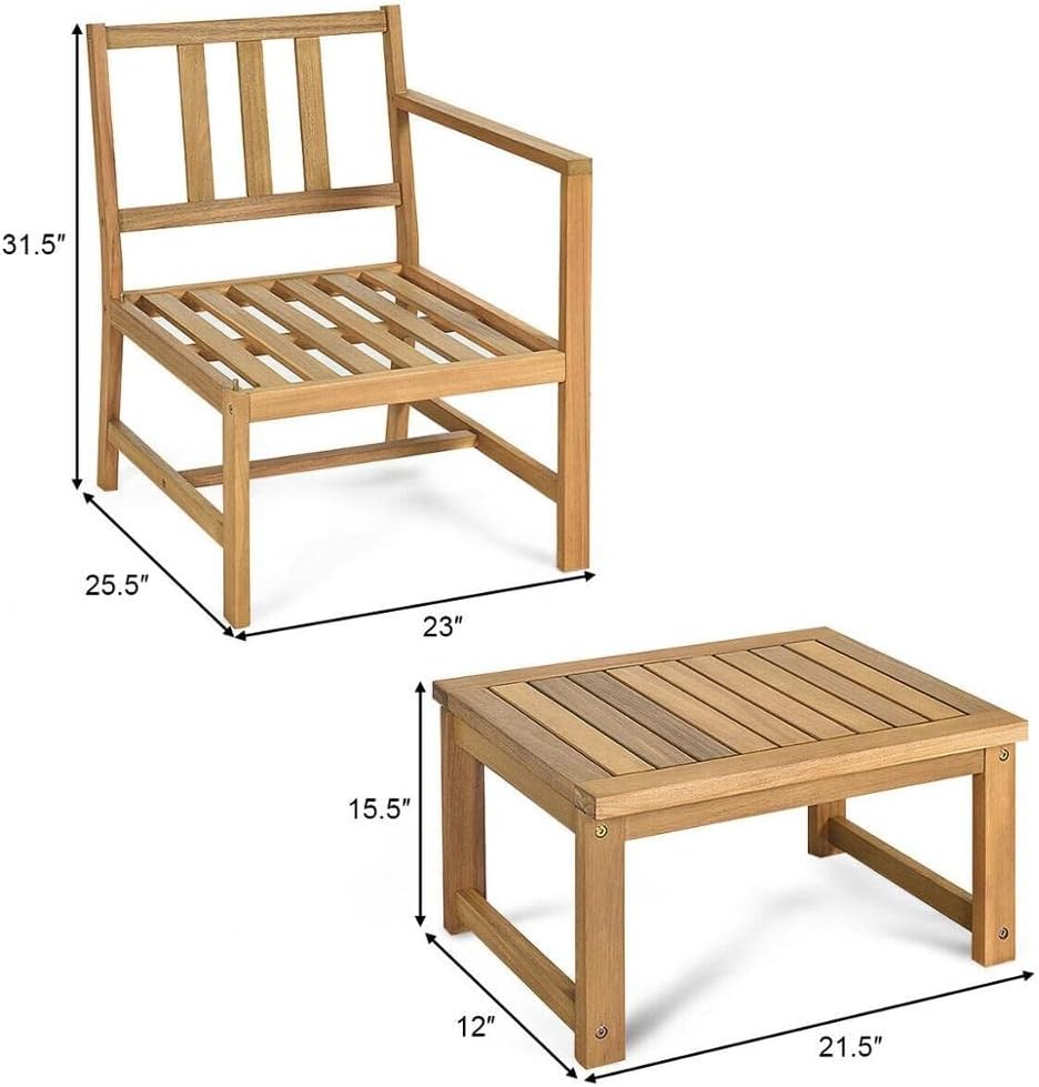 3 PCS Patio Table Chairs Set Solid Wood Thick Cushion Sectional Garden Furniture