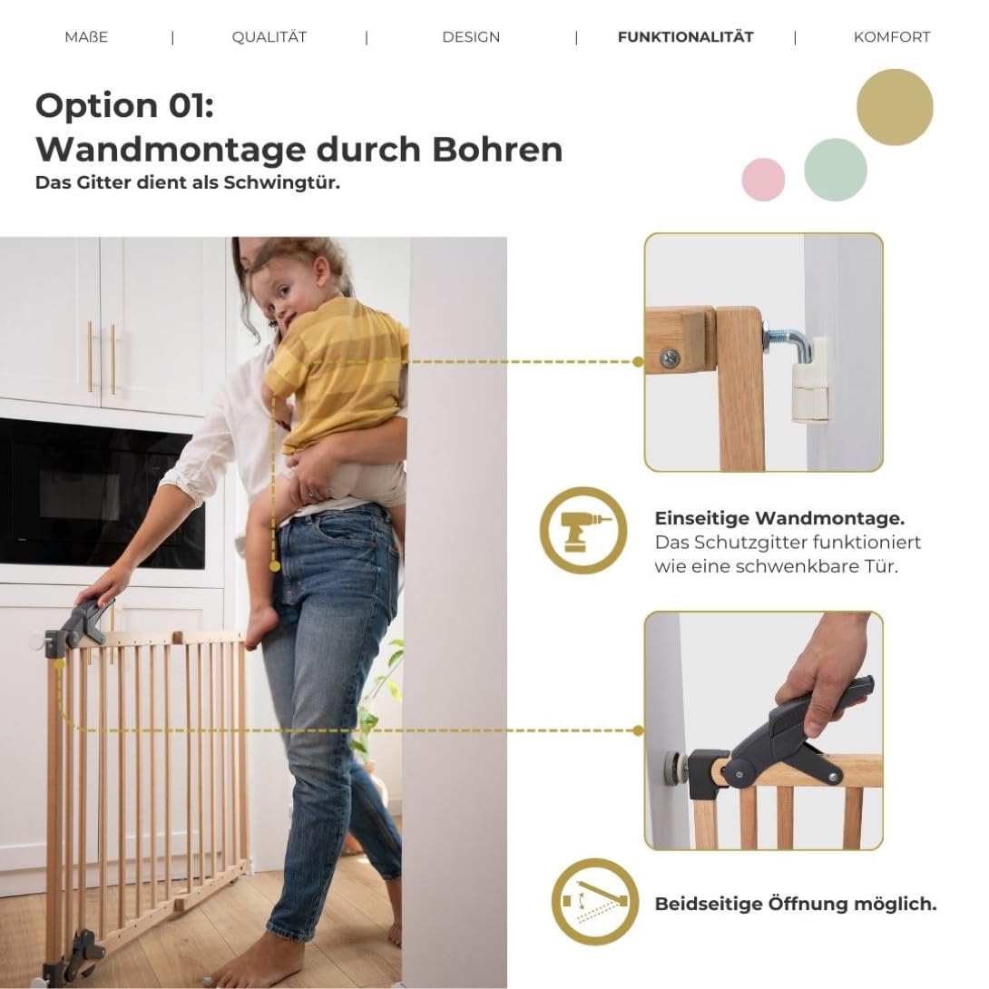 Geuther Treppenschutzgitter ohne Bohren, 68‑102 cm | Flexibles & klemmbares Kinderschutzgitter I Türgitter Baby aus Holz, massiv I Türschutzgitter ohne Bohren mit Sicherheitsverschluss I Farbe Weiß