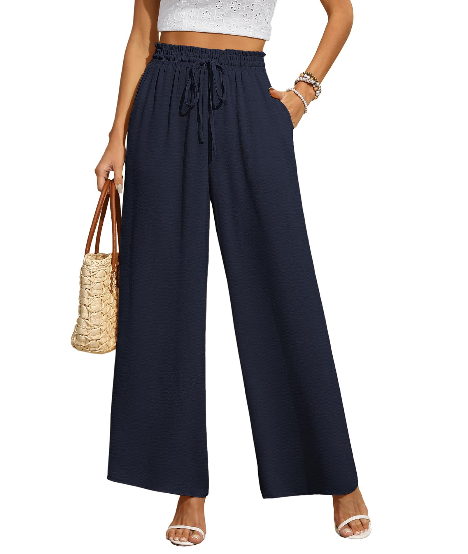 CZYINXIAN Women's Casual Wide Leg Pants Flowy Adjustable Tie Knot Elastic Waist Pants with Pockets