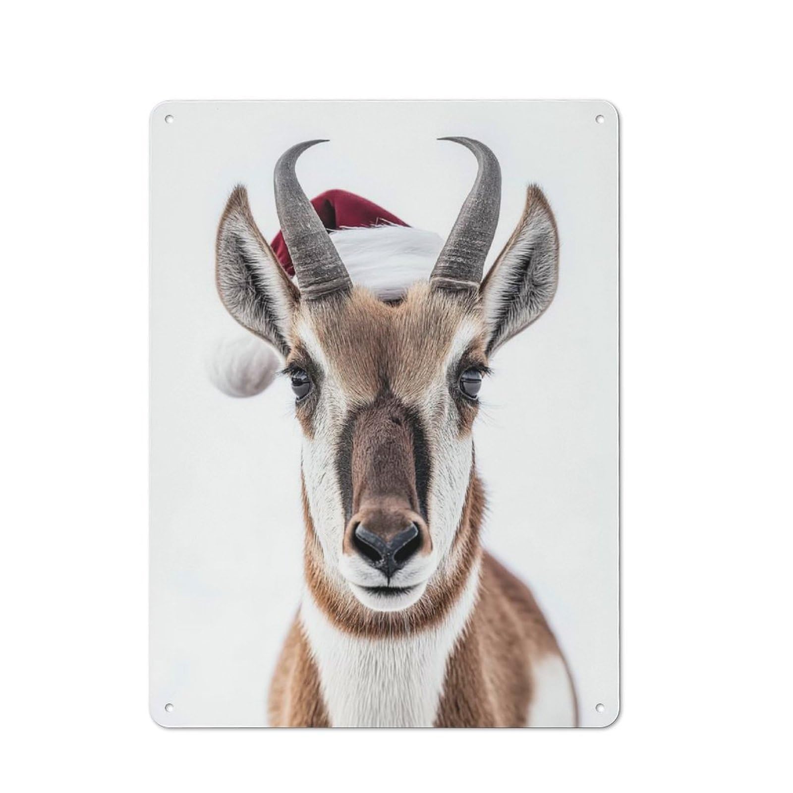 Classic Pronghorn Antelope with Santa Hat Portrait Decorative Tin Plaque 40x30cm, Bar Wall Plaque for Diner, Restaurant, Shed Or Kitchen