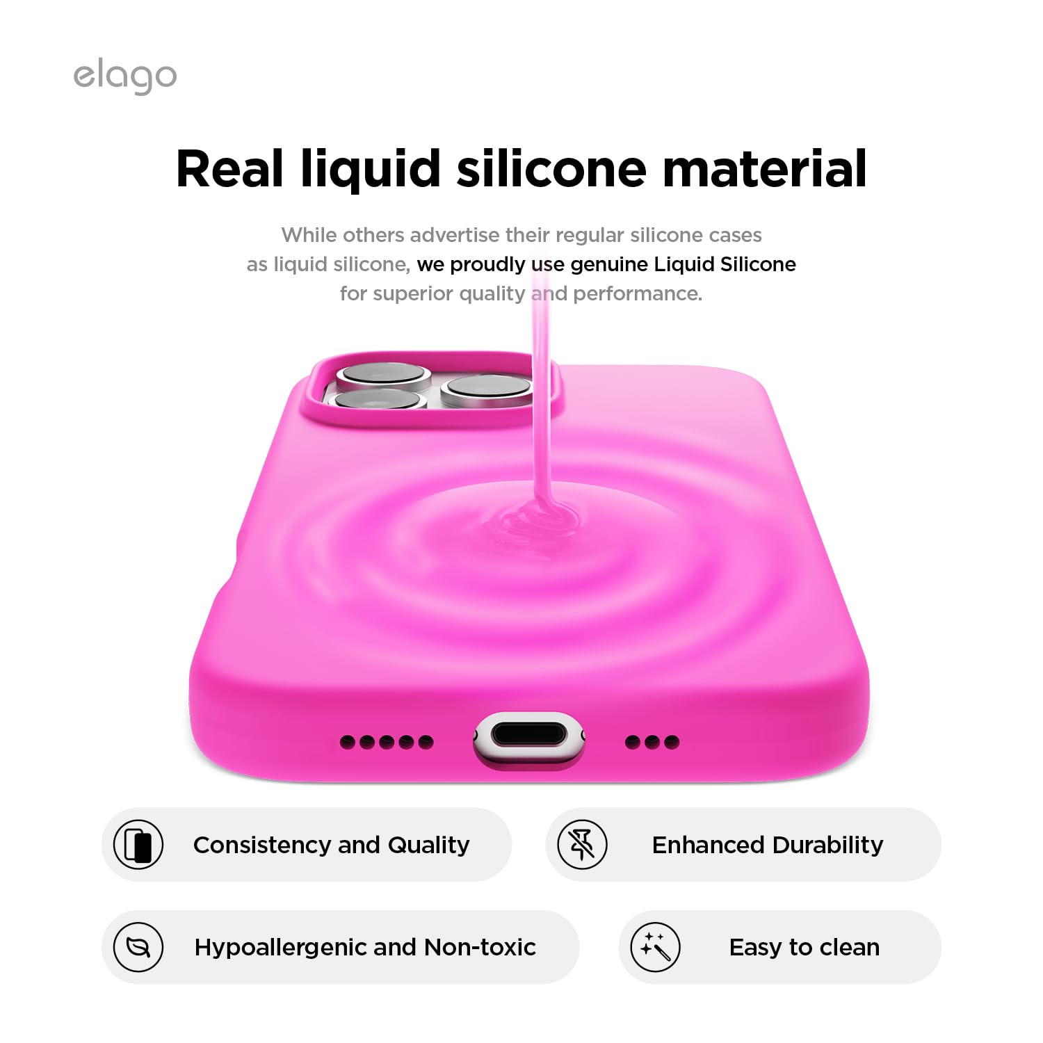 elago Compatibile con iPhone 16 Pro Cover, Cover in Silicone Liquido Premium, Cover Protettiva Completa, Antiurto, Cover Sottile, Fodera in Microfibra Antigraffio (Rosa Vivo)