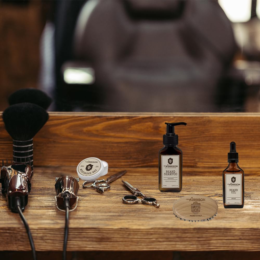 ☆ ARRISON® BEARD ☆ Bart Kit Made in Italy + Birkenholzkiste mit Shampoo, Conditioner, Wachs, Bartöl - Kamm und Pinsel aus Buchenholz und Wildschweinborsten