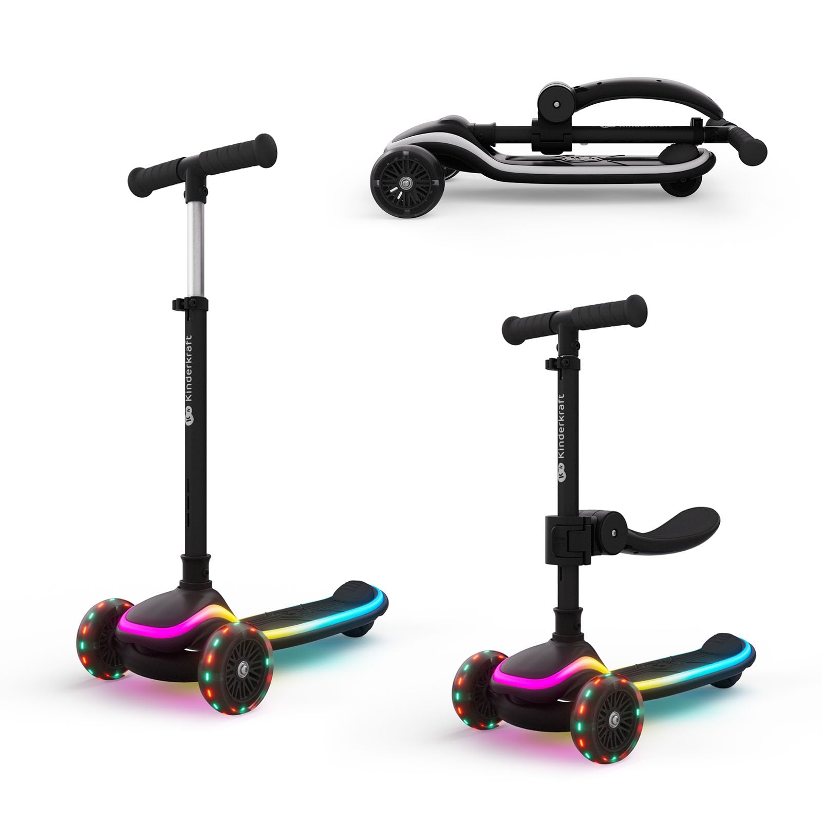 Kinderkraft RAKET UP 2-in-1 Kids Scooter with Seat, Foldable Toddler Scooter with LED Deck, RGB Light-Up Wheels, Adjustable Handlebar and Seat, Black