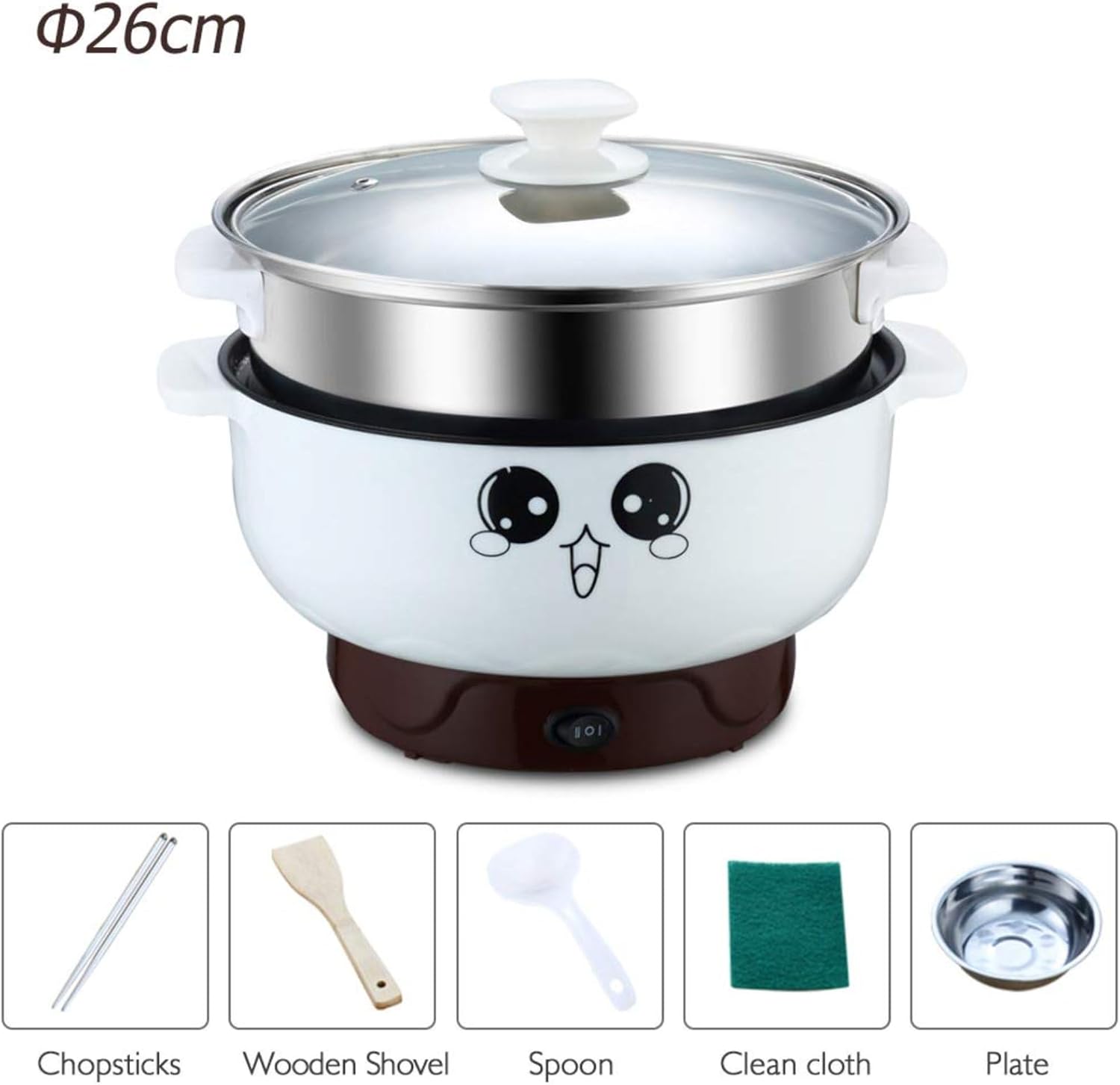 4-in-1 Multifunction Electric Skillet Non-Stick Stainless Steel Hot Pot Noodles Rice Cooker Steamed Egg Soup Pot MINI Heating Pan Cooking Fried,with Steamer,3.6L 26CM