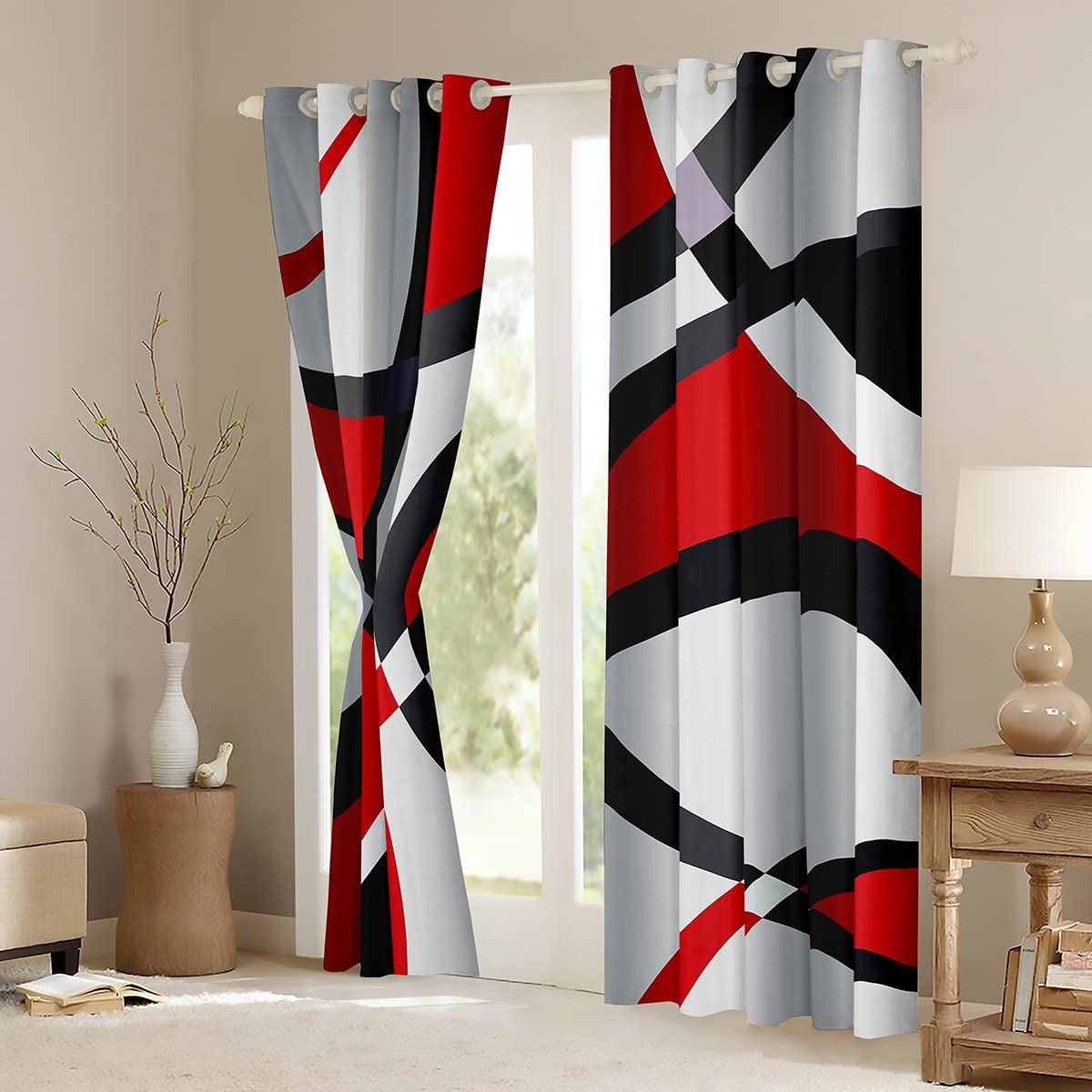 Red Geometric Blackout Curtains Geometric Circle Swirl Window Curtains Red and White Abstract Darkening Dreapes Retro Circle Window Treatments W66*L90 - Image 3