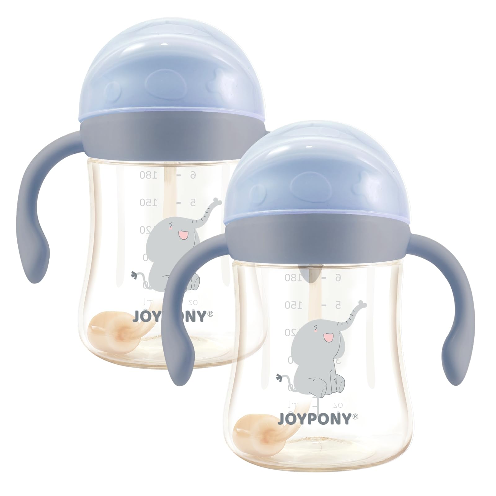 Joypony PPSU Sippy Cup for Toddlers 6-36 Months, Spill Proof Weighted Straw Cup with V-Valve & Handles, 266 ml BPA Free Baby Water Bottle for Transition with 2 Silicone Straws & Brush - Blue, 2 Pack