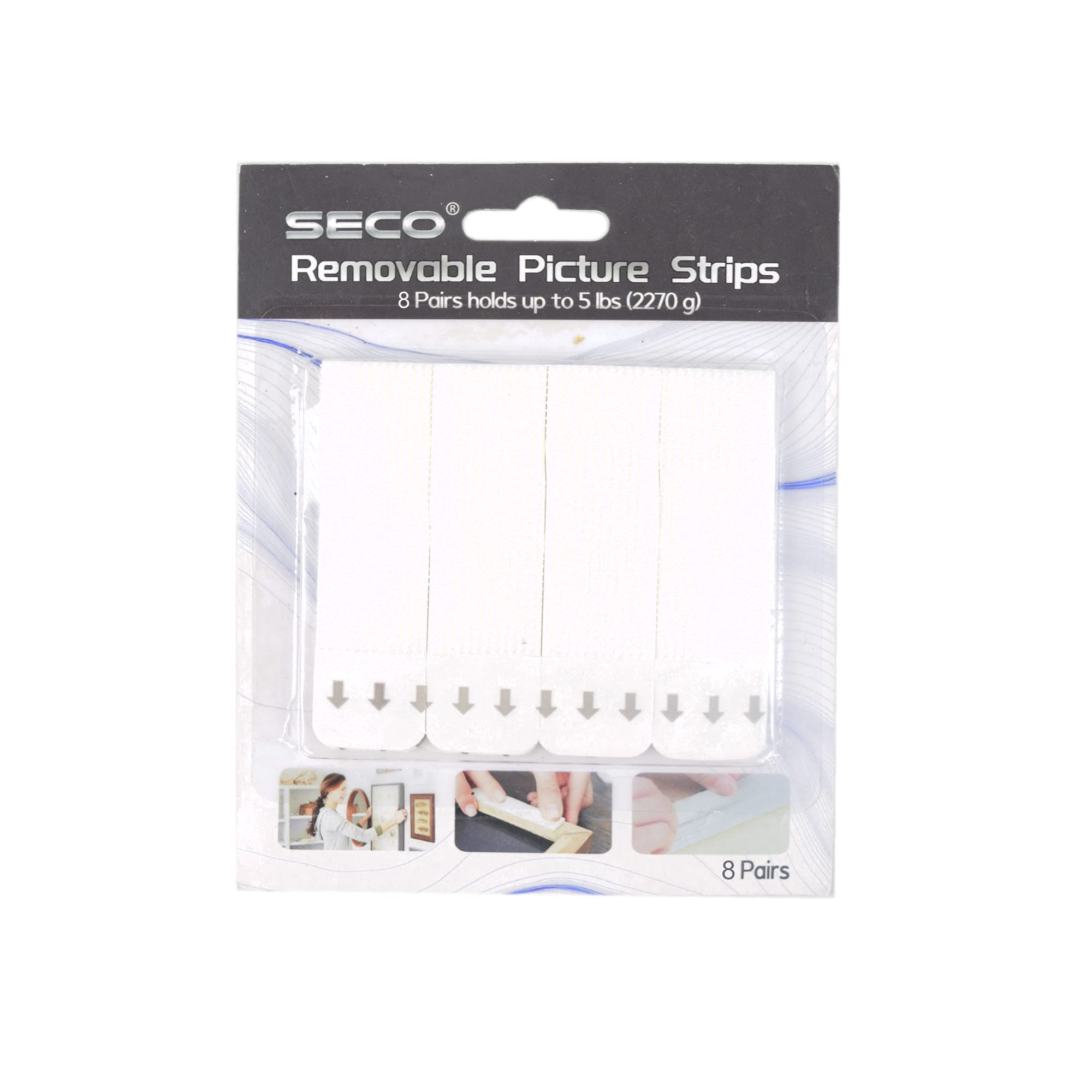 SECOMedium Repositionable Picture Hanging Strips (2.27kg) - Pack of 8 Pairs (White),RPS8