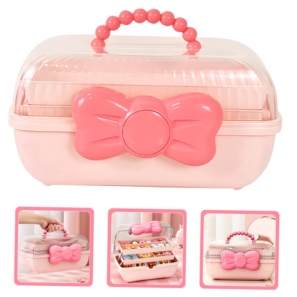 SOLUSTRE 2 Stück Süße Schleife Mädchen Schmuck Aufbewahrungsbox Tragbar Tragbar Haarband Haarspange Kopf Blume Mehrschichtiges Fach Schmuckschatulle Rosa Haarschleife Mädchen Haarschmuck