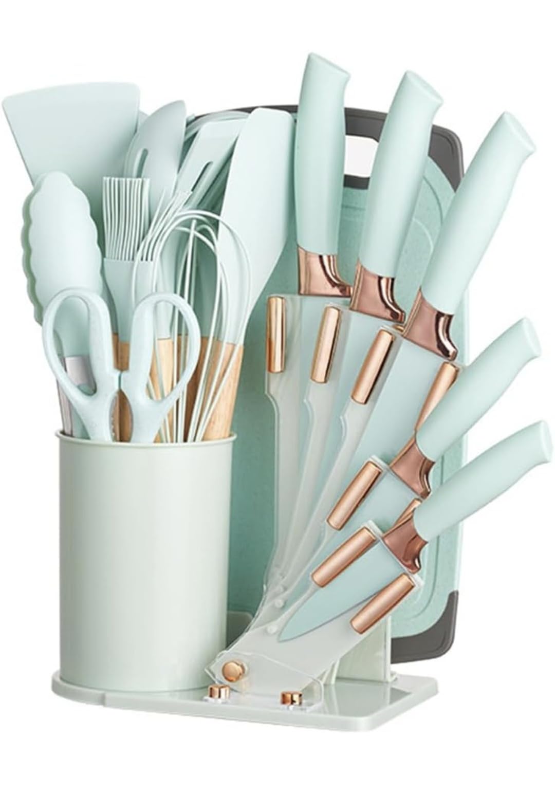 19 Pieces Kitchen Knife Set with Holder Block 11 Silicone Cooking Utensils 5 Stainless Steel Knives Scissors Whisk