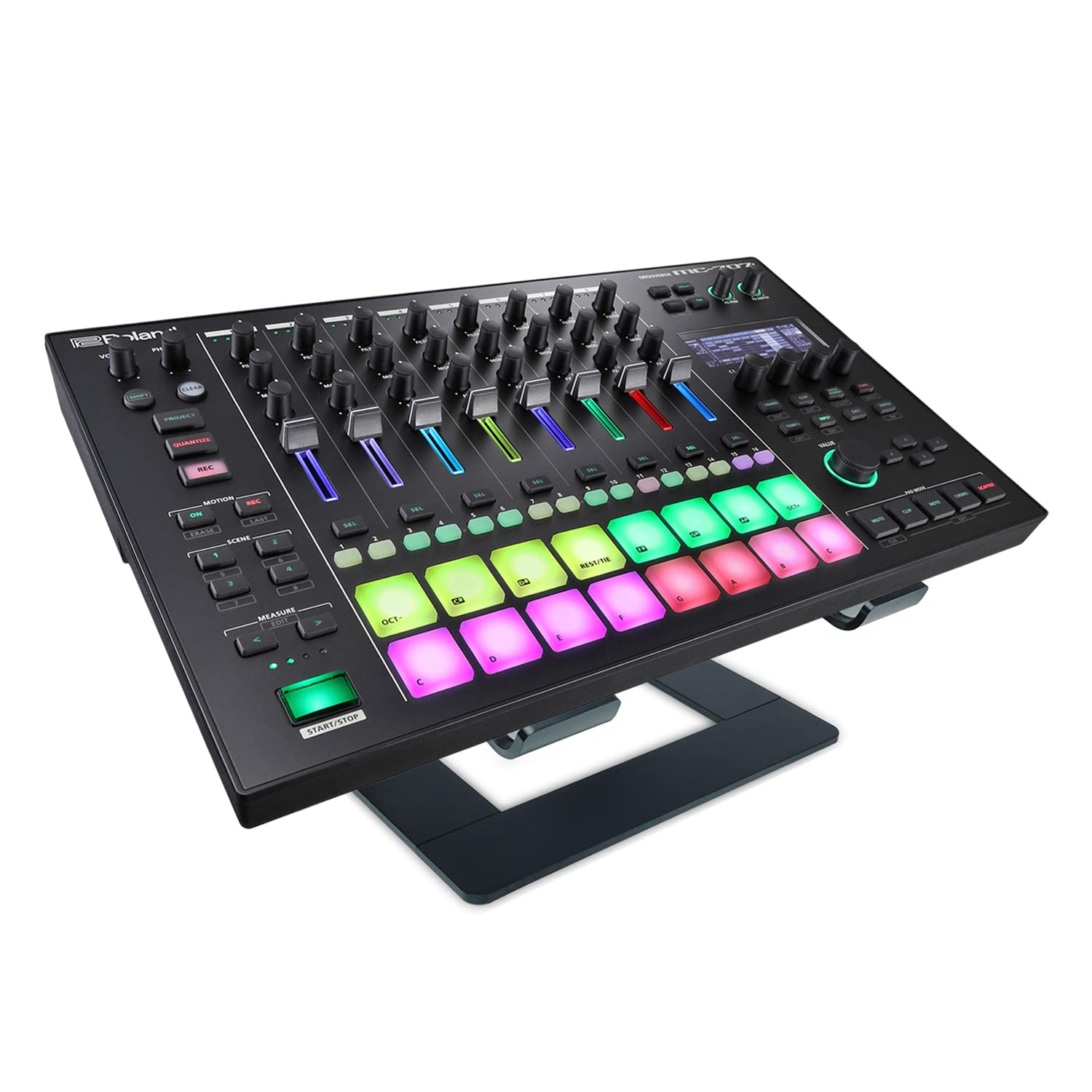 Roland MC-707 Groovebox DJ Mesa de mezclas Secuenciador Sampler + keepdrum Soporte para Ordenador Portátil, Negro