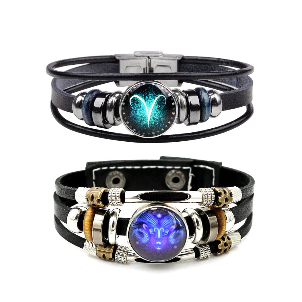 WLL 2Pcs Multilayer Constellation Zodiac Leather Bracelet for Women Men Handmade Woven Zodiac Sign Wrap Wristband Bracelet Couple BFF Birthday Jewelry