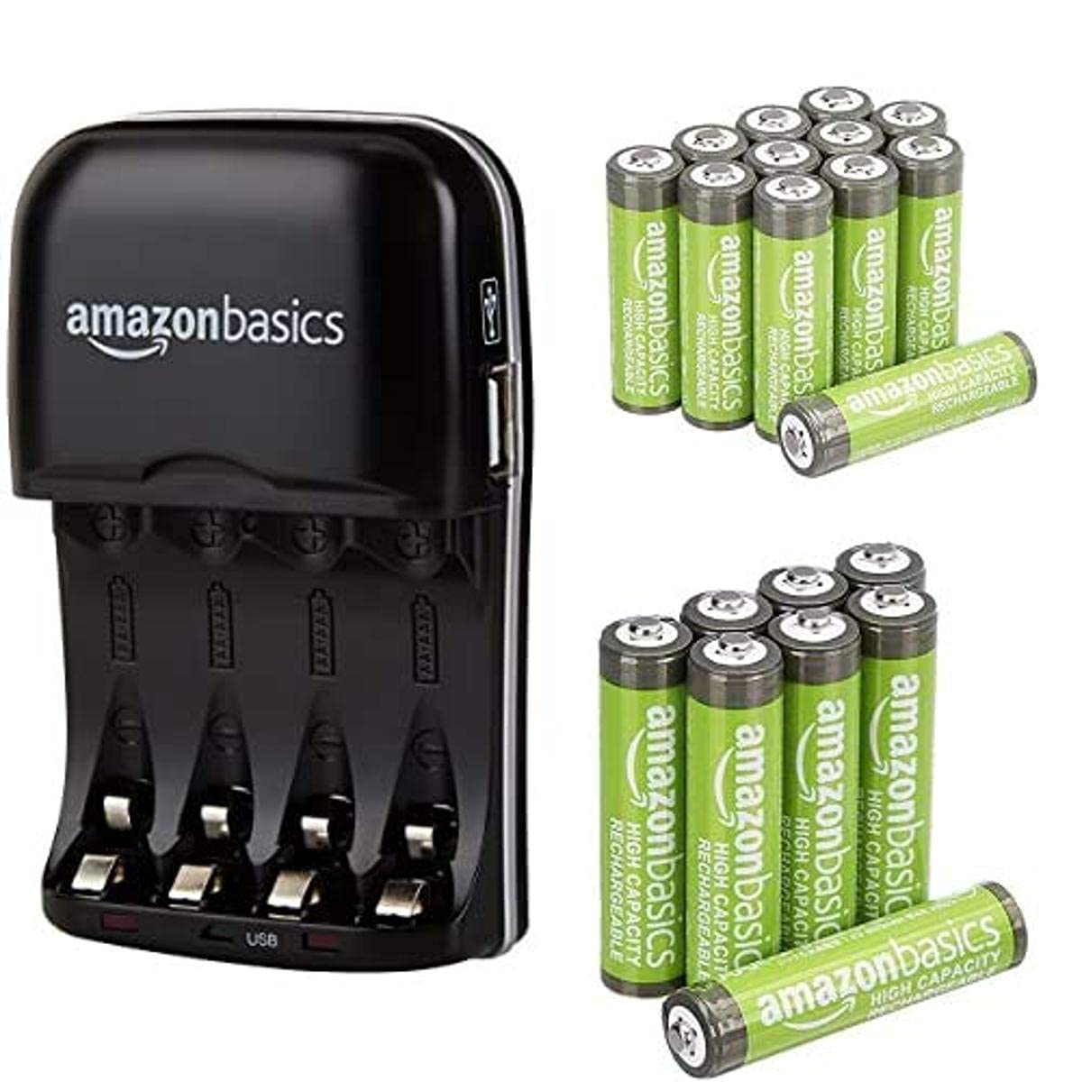 Amazon Basics Rechargeable Battery Charger with 12 AA and 8 AAA High-Capacity NiMH Rechargeable Batt