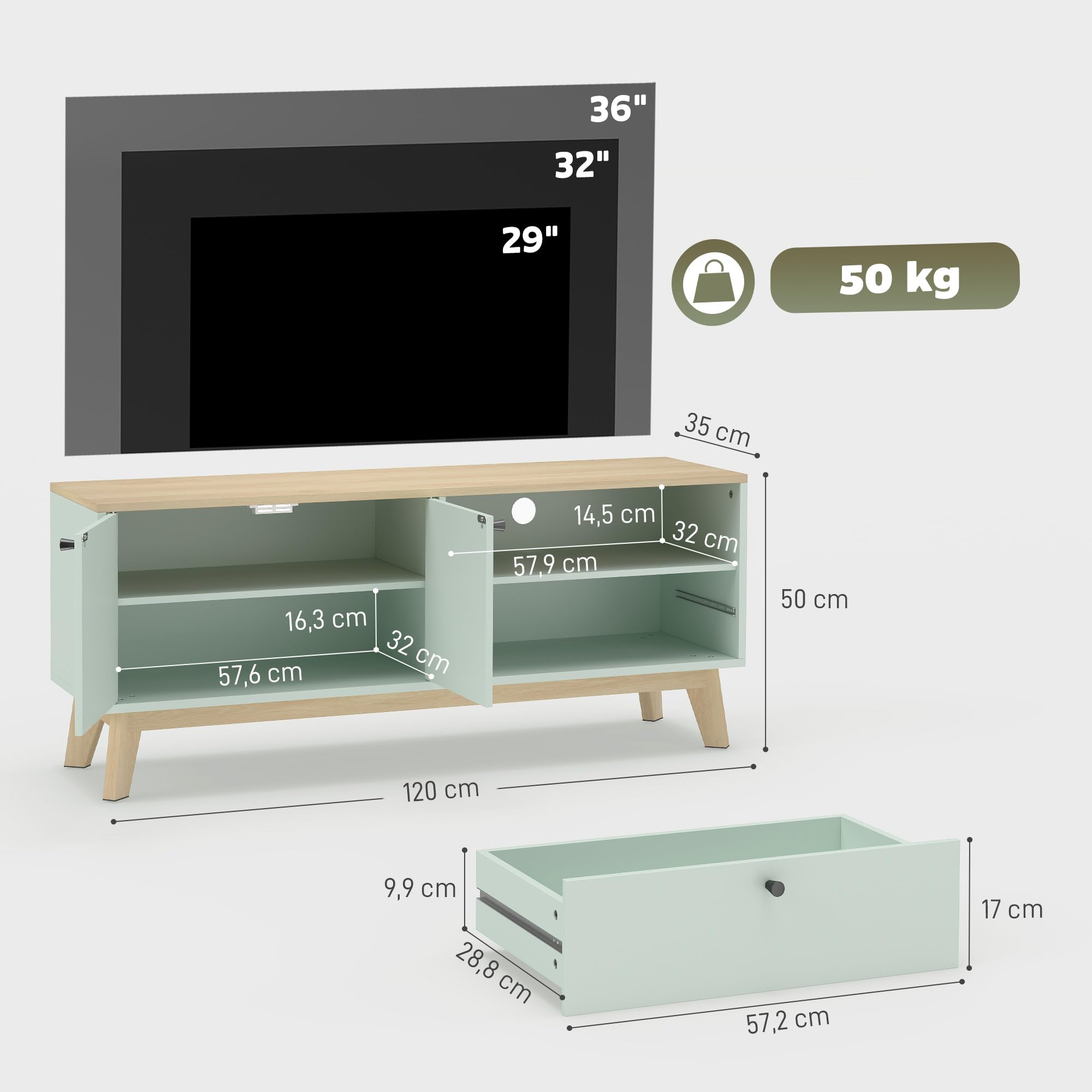 HOMCOM Meuble TV 120 cm pour Téléviseur jusqu'à 36 Pouces Vert Clair