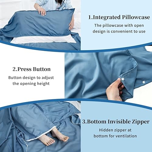 Vista 4 de Saco de dormir ligero compacto saco de dormir portátil limpio hoja de viaje camping cama para mochileros hotel senderismo Azul (Mystic Blue)