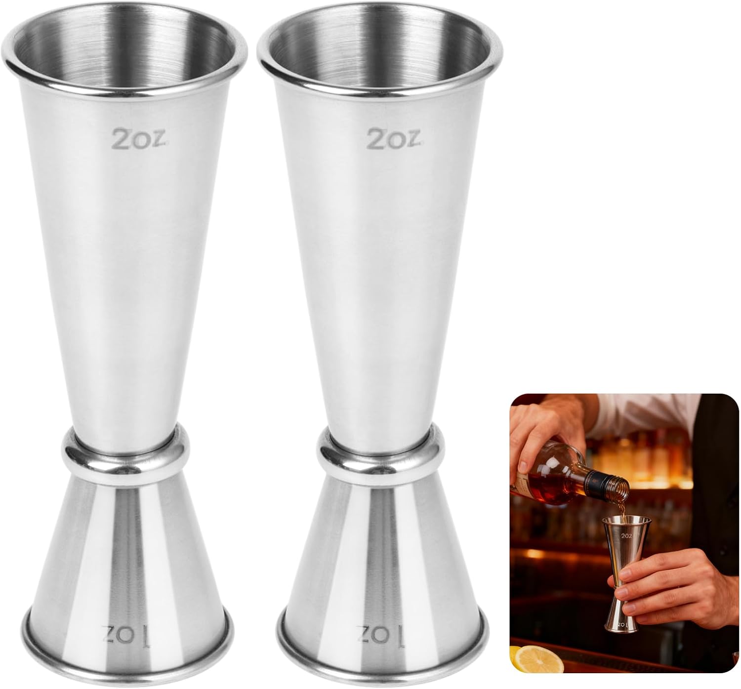 Jigger for Bartending, Stainless Steel Jigger 2 oz 1 oz, Cocktail Measuring Cup, Double Cocktail Jiggers, Professional Shot Drink Measurer for Liquor, Bar jigger Bartender Tool Accessories (Silver)