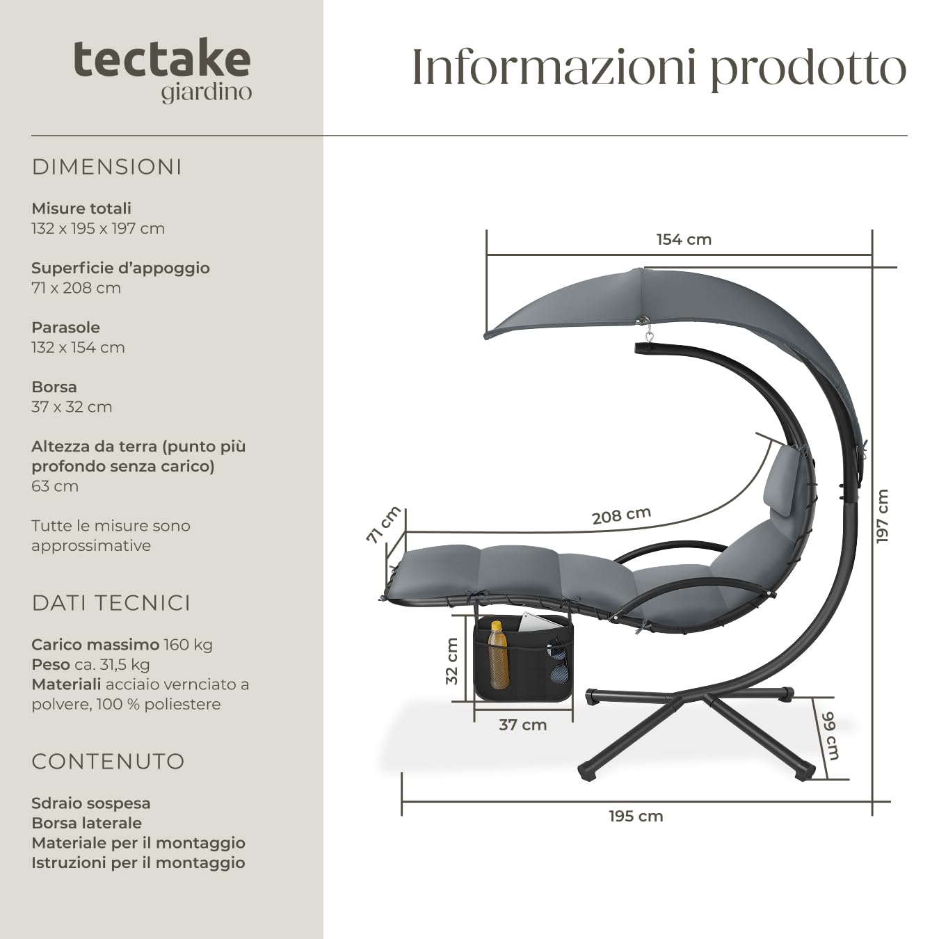 Tectake Sdraio Sospesa Elaria Amaca Altalena Grigio