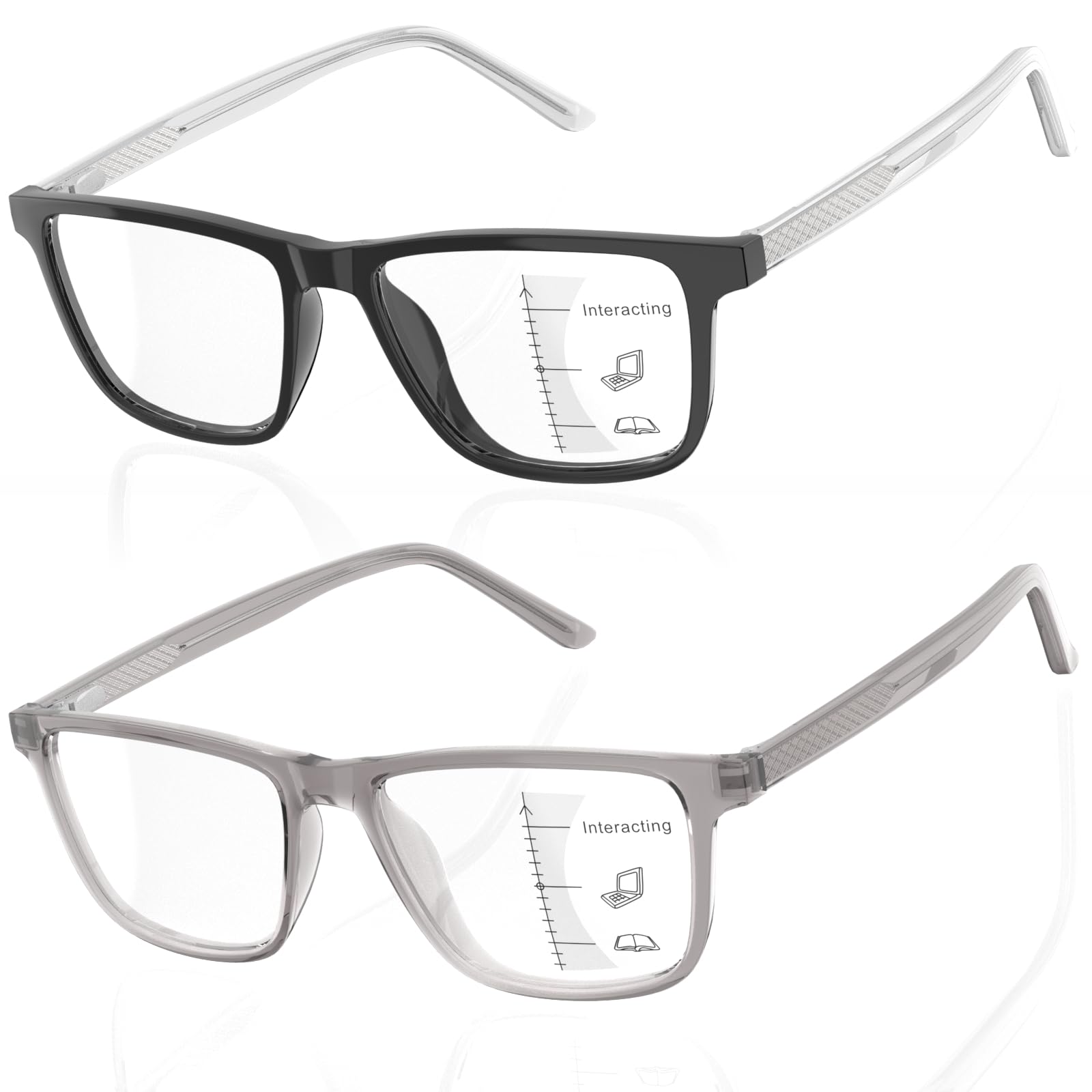 JO Progressive Multifocus Reading Glasses 2 Pack Reader with Metal Core Wire Acetate Frame for Near Workspace