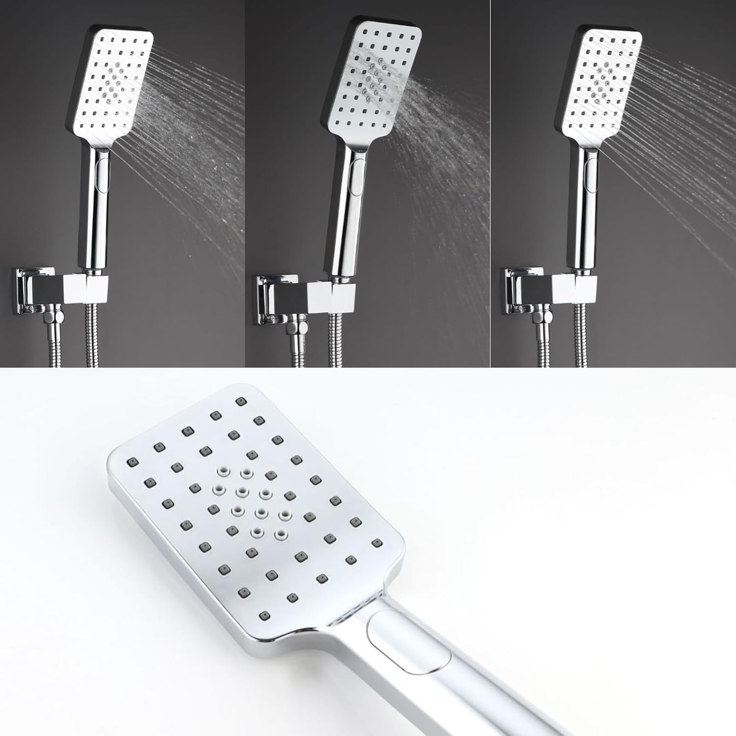Three spray modes of the WELLFOR handheld shower, demonstrating different water patterns.