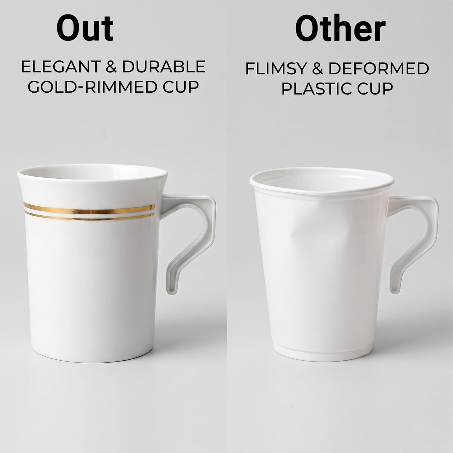48 PCS Plastic Coffee Cups with Handle, 8 oz Disposable Gold Rimmed Coffee Mugs, Disposable Tea Cups Espresso Beverage Plastic Mugs, Perfect for Weddings Cafe Bridal Shower Engagement Party