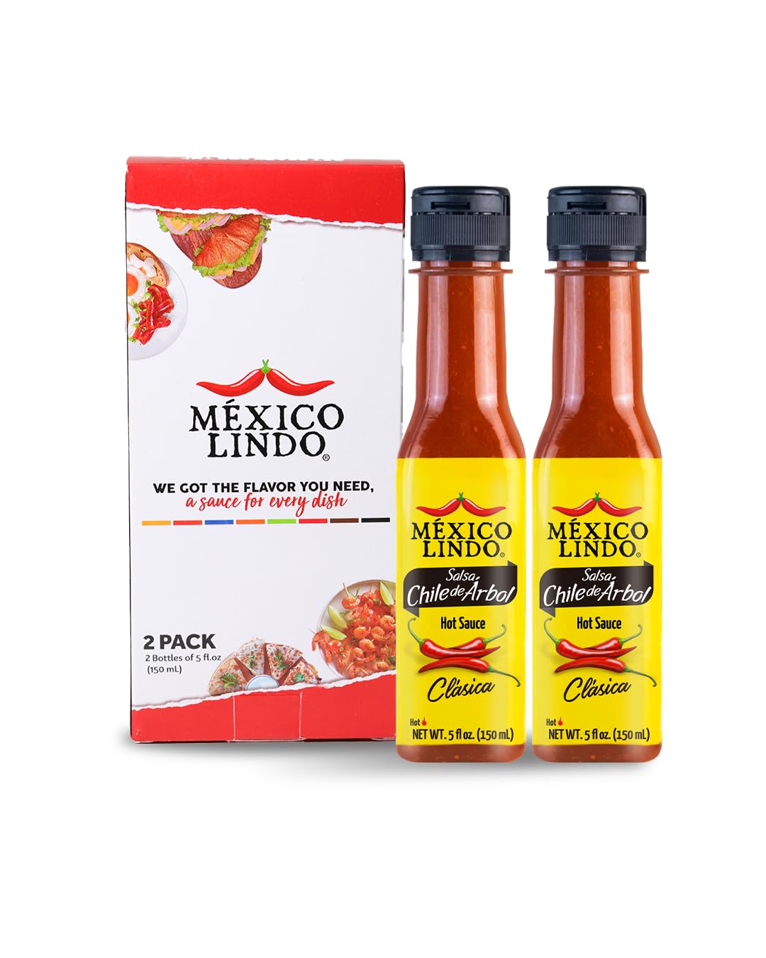 Mexico Lindo Chile de Arbol Hot Sauce Ingredients | 12,190 Scoville Level | Classic Flavor | 5 Fl Oz Bottles (Pack of 2)