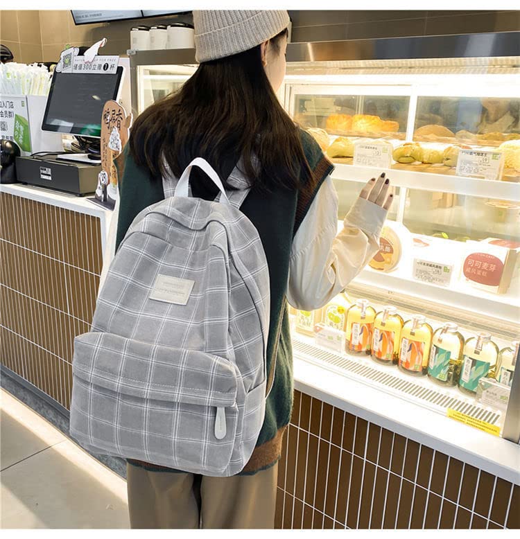 Light Academia Aesthetic Backpack Plaid Preppy Backpack Teen Girls Back to School Supplies Checkered Bookbags (Light Grey)2