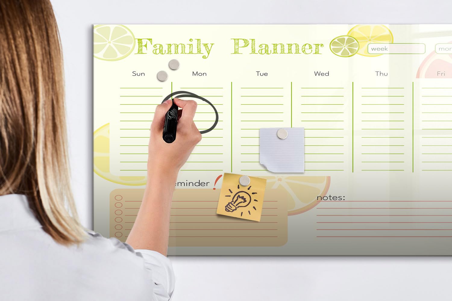 Beschreibbare Glas-Magnettafel 120x60 cm Familienplaner Schwarzer Stift | Neodym Magnete 5 | Schwamm | Zubehör-Set | Starke | Haftkraft | Taftel-Set | Zubehör | Marker-Set | Notiztafel