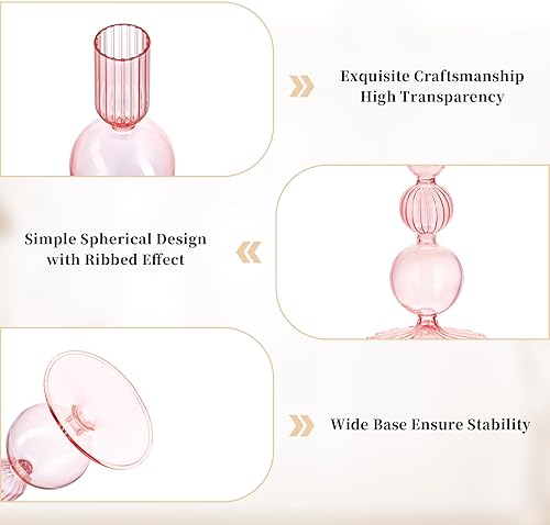 Miniatura 6 de Glasseam Portavelas de cristal rosa portavelas único, juego de 3 portavelas cónicos modernos portavelas decorativos para centro de mesa, fiesta,