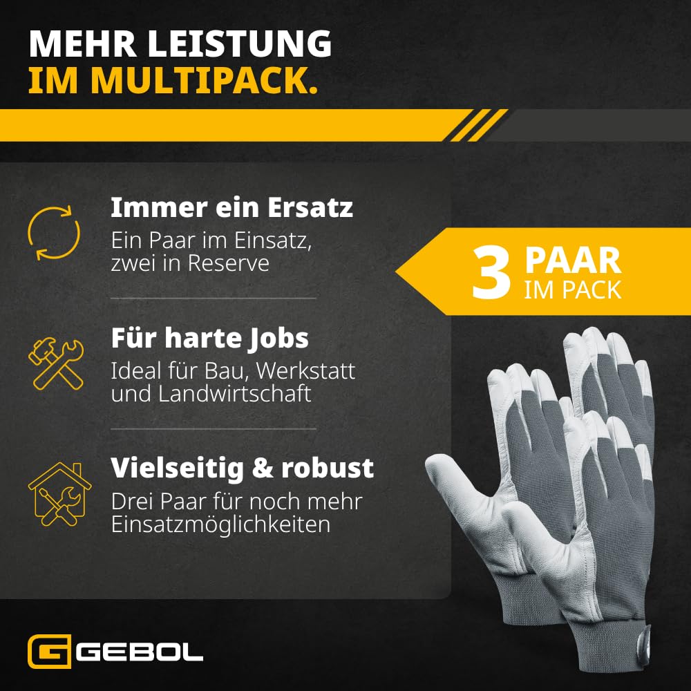 Gebol Uni Fit Comfort Lot de 3 paires de gants de travail en cuir de qualité supérieure pour homme, pour la construction, la mécanique et le jardin, taille élastique et fermeture , gants de sécurité