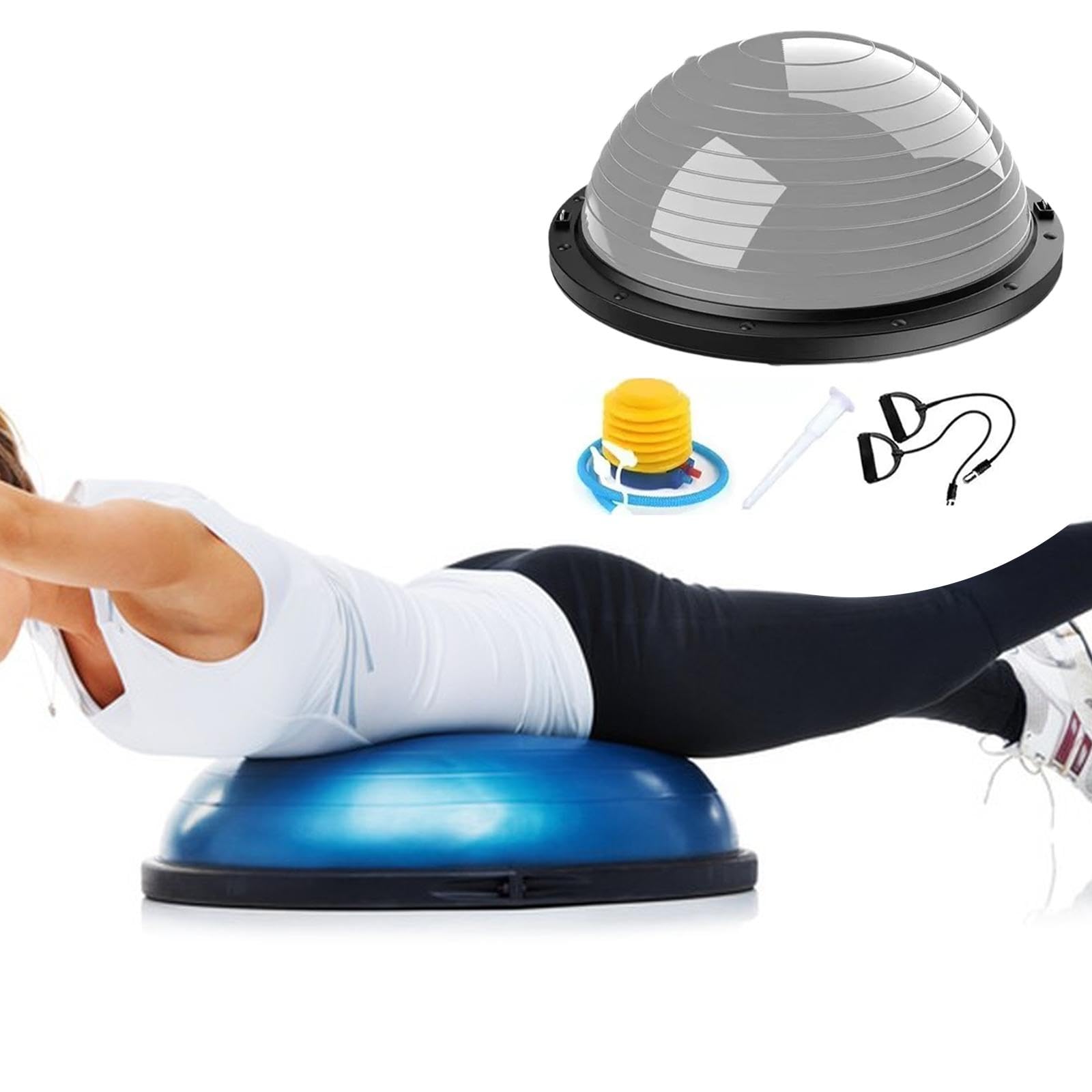 Palla da Equilibrio con Fasce di Resistenza E Pompa. Attrezzatura Semisferica per L'allenamento Dell'equilibrio, per Palestra in Casa, Grigio
