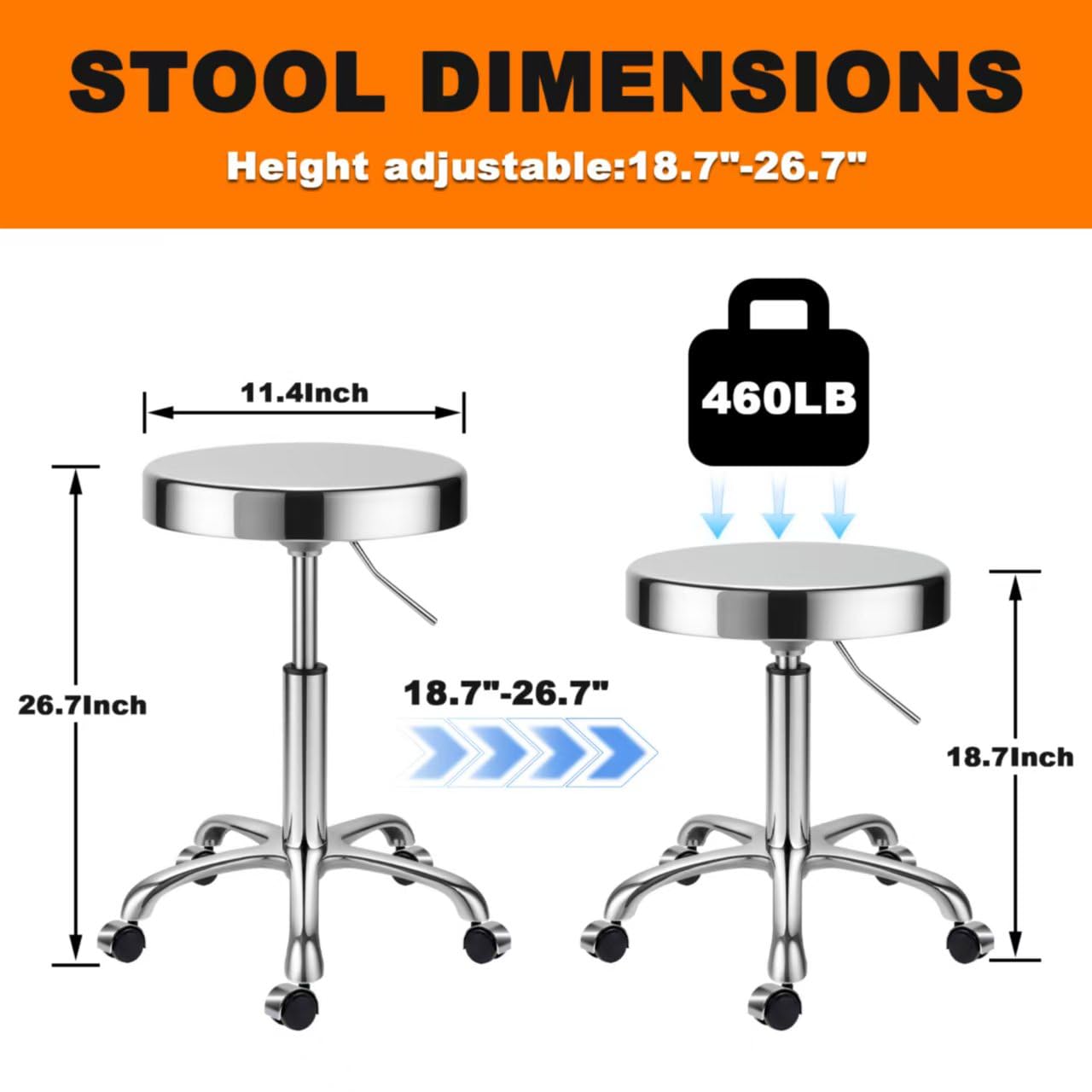 ZHAOYONGLI-End Tables Taburete de acero inoxidable resistente para banco de trabajo, taburete giratorio ajustable con 5 ruedas, estructura de acero inoxidable 304, cojín redondo, soporte de carga de