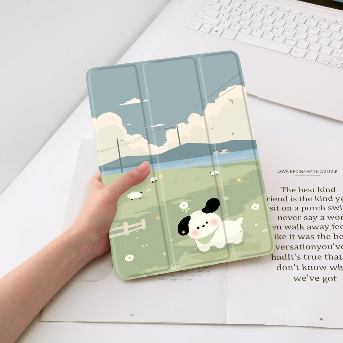 JOYLAND Cartoon Case for iPad 9th/7th/8th Generation (2021/2020/2019) 10.2 Inch with Pencil Holder, Clear TPU Foldable Smart Stand Back Cover, Auto Wake/Sleep Shockproof Protective Case