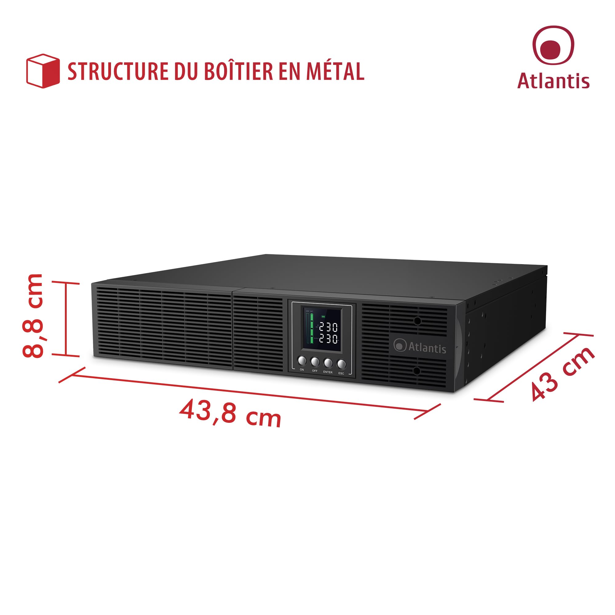 Atlantis A03-OP2002-RC Onduleur (UPS) Online Double Conversion et Pure sinusoïde avec Une Puissance de 2000VA/1350W, Serveur Convertible, écran LCD, USB, RS-232, 8 Sorties IEC, Slot SNMP 3x12V-9Ah