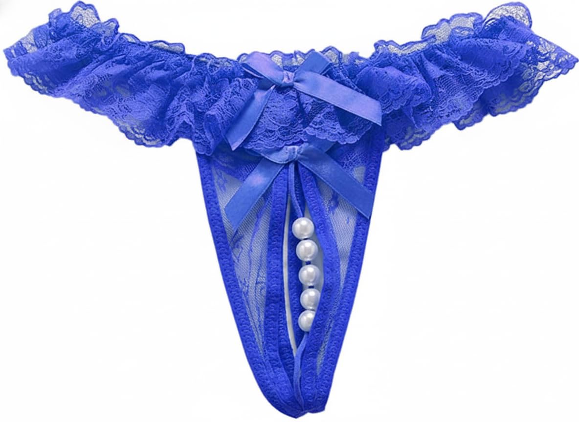 Ladies' Lace Thong with Pearl Detail and Bow Accents, Royal Blue-image-16