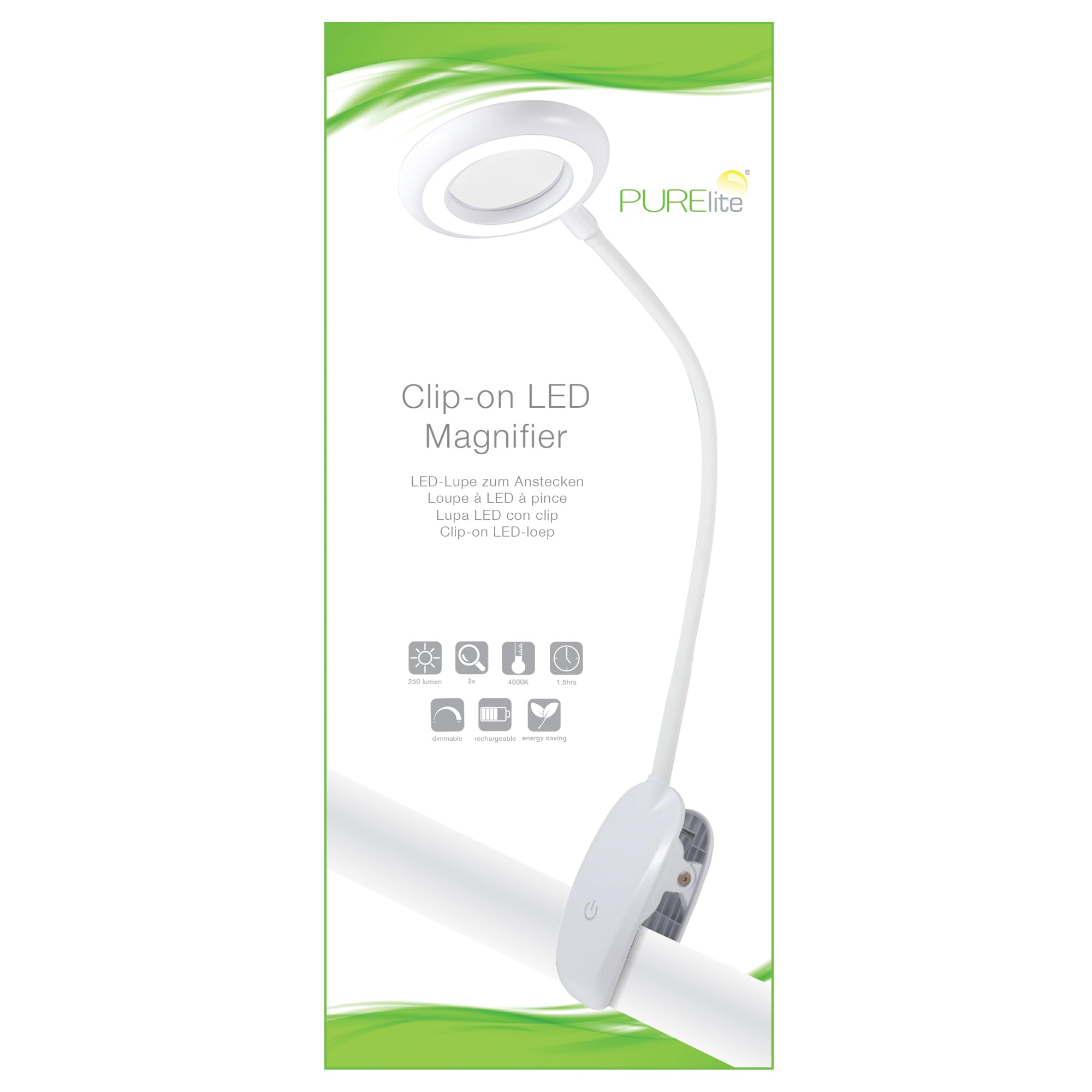 PURElite Ansteck-LED-Lupe – 3-fache Vergrößerung, wiederaufladbare flexible LED-Tischlampe, verstellbarer Hals und Klemme im Lieferumfang enthalten, natürliche Glühbirnen zum Lesen, Nähen,Basteln–Weiß