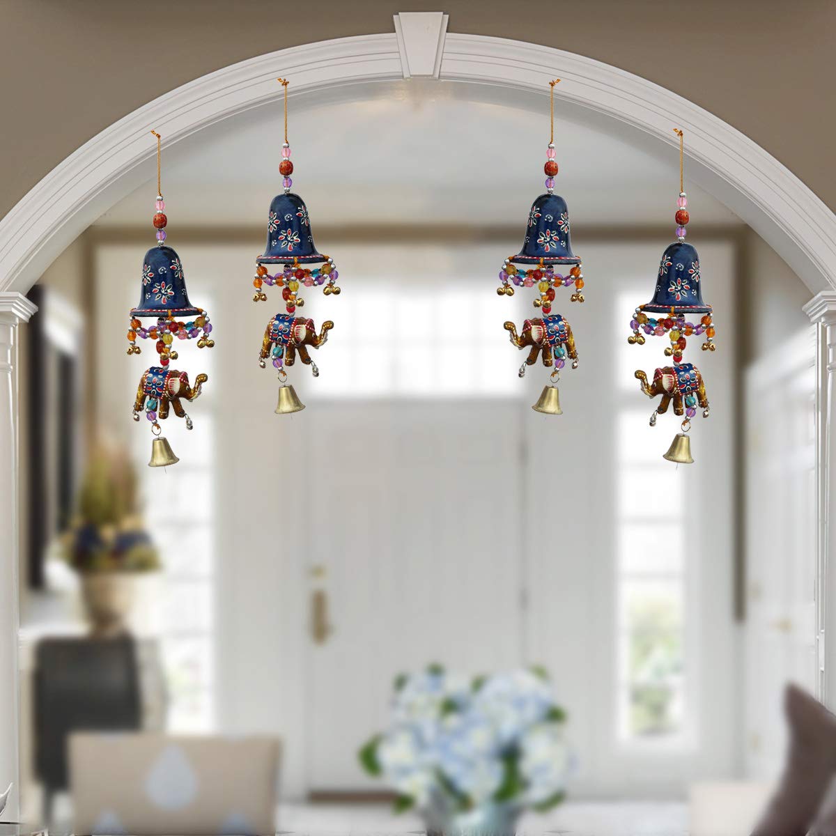 Handicrafts Paradise Jhalar Elephant with Metal Bell Paper Mache Door Hanging (5.1 cm x 5.1 cm x 22.95 cm, Set of 4)