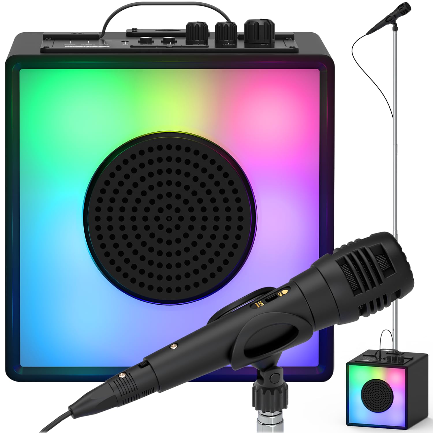 Magnavox MHT753 Portable Karaoke System w/Lights, Bluetooth, Mic Stand, USB/Micro SD/Aux Input, Wired Microphone with PA System for a Party at Home