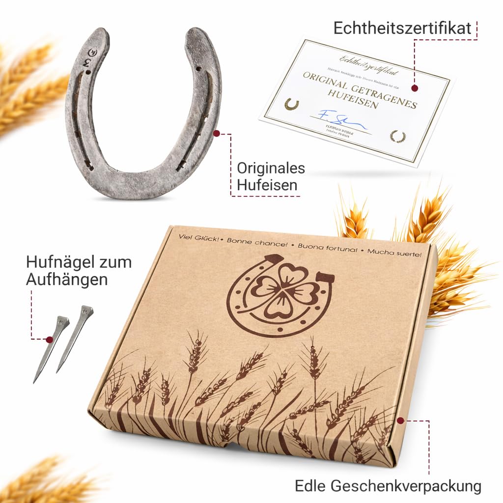 PURAJA Hufeisen Geschenk | Echtes getragenes Hufeisen | Glücksbringer zum Geburtstag, Einzug, Richtfest, zur Hochzeit, Taufe oder Geburt | Original inkl. Echtheitszertifikat