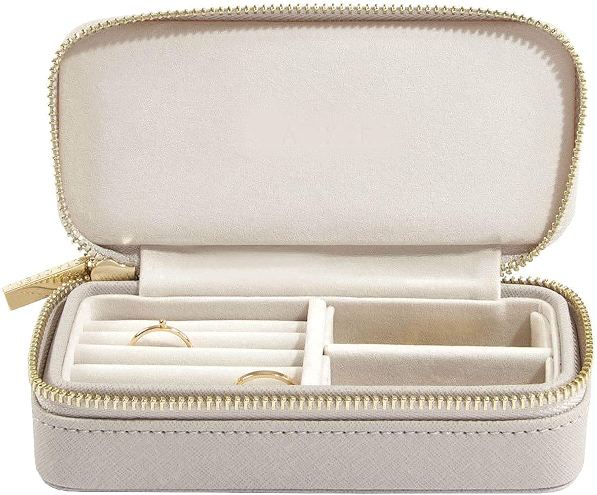 Schmuckschatulle, Mittelgroße Reise-Schmuck-Box, Schmuckschatulle Reise klein, Schmuckschatulle für Frauen, Für Ringe, Ohrringe (Altes Blau) (Taupe)